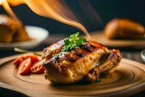 grigliato pollo su un' di legno piatto con fuoco. ai-generato foto