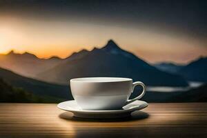 un' tazza di caffè su un' tavolo nel davanti di un' montagna gamma. ai-generato foto