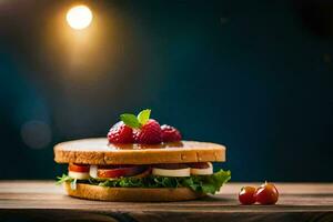 un' Sandwich con frutti di bosco e formaggio su un' di legno tavolo. ai-generato foto