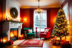 festivo Natale albero ornamenti e accogliente camino incandescenza, ai generato foto