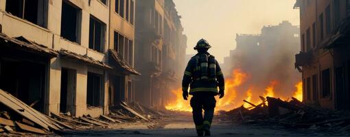 epico panorama, coraggioso pompiere in mezzo devastazione, ai generato foto