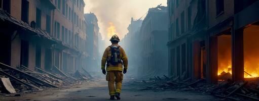 il ultimo In piedi, solitario vigile del fuoco in mezzo il fiamme, ai generato foto