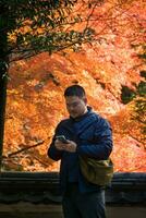 asiatico uomo mentre utilizzando mobile Telefono sotto acero albero le foglie durante autunno con colore modificare su foglia nel arancia giallo e rosso foto