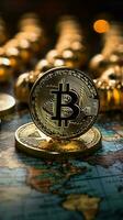 bitcoin In tutto il mondo raggiungere raffigurato con un' globo e carta geografica nel il sfondo verticale mobile sfondo ai generato foto