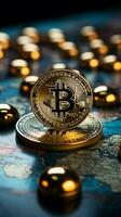 bitcoin In tutto il mondo raggiungere raffigurato con un' globo e carta geografica nel il sfondo verticale mobile sfondo ai generato foto