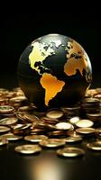 nero e oro mondo globo circondato di scintillante impilati oro monete verticale mobile sfondo ai generato foto