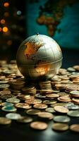 vicino su mondo mini sfera, monete, e di legno tavolo simboleggiare globale finanza verticale mobile sfondo ai generato foto