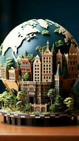 terra globo nel carta stile, integrato di meticolosamente artigianale miniatura edifici verticale mobile sfondo ai generato foto