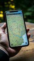 esplorando Polonia con il aiuto di un' mobile Telefono su turista mappe verticale mobile sfondo ai generato foto