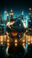 futuristico 3d interpretazione raggiante globo con finanziario simboli, un' digitale finanziario mondo verticale mobile sfondo ai generato foto