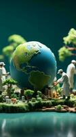 miniatura medici e infermieri dai un'occhiata globale Salute, promozione mondo ambiente giorno verticale mobile sfondo ai generato foto