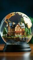 un' Casa modello con un' globo su superiore, che rappresentano globale proprietà di abitazione verticale mobile sfondo ai generato foto