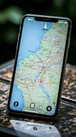 turista mappe di Polonia con un' mobile Telefono per navigazione e esplorazione verticale mobile sfondo ai generato foto