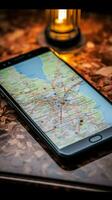 navigazione nel Polonia un' mobile Telefono riposo su turista mappe verticale mobile sfondo ai generato foto