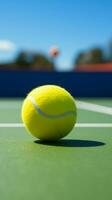 un' vivace giallo palla riposa su un' professionale racchetta su un' blu tennis Tribunale tappeto verticale mobile sfondo ai generato foto
