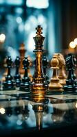 scacco matto un' decisivo attività commerciale strategia finisce il scacchi gioco con un' re la sconfitta verticale mobile sfondo ai generato foto