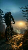 Ciclismo sotto il notte cielo, un' sereno e senza fretta cavalcata verticale mobile sfondo ai generato foto