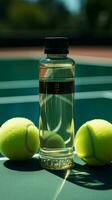alto Visualizza di un' tennis pagaia Il prossimo per un' acqua bottiglia verticale mobile sfondo ai generato foto