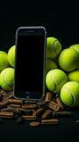 sportivo essenziali tennis palle e un' racchetta, con un' mobile Telefono nelle vicinanze verticale mobile sfondo ai generato foto