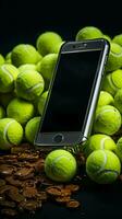 sportivo essenziali tennis palle e un' racchetta, con un' mobile Telefono nelle vicinanze verticale mobile sfondo ai generato foto