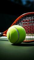 tennis essenziali su un' di recente dipinto Tribunale racchetta, sfera, e eccitazione verticale mobile sfondo ai generato foto