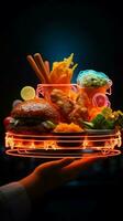 un' neon cartello attrae con delizioso cibo, disegno voi nel con Aperto mano verticale mobile sfondo ai generato foto