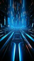 futuristico 3d astrazione vivido blu neon irradia su un' in profondità nero illustrazione verticale mobile sfondo ai generato foto