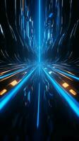 futuristico 3d astrazione vivido blu neon irradia su un' in profondità nero illustrazione verticale mobile sfondo ai generato foto