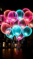 raggiante Palloncino neon cartello luci su il notte con giocoso brillantezza verticale mobile sfondo ai generato foto