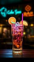 raggiante rinfresco un' neon cartello raffigura un' cocktail, completare con un' poco ombrello verticale mobile sfondo ai generato foto