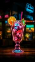 raggiante rinfresco un' neon cartello raffigura un' cocktail, completare con un' poco ombrello verticale mobile sfondo ai generato foto