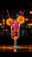 raggiante rinfresco un' neon cartello raffigura un' cocktail, completare con un' poco ombrello verticale mobile sfondo ai generato foto