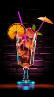 raggiante rinfresco un' neon cartello raffigura un' cocktail, completare con un' poco ombrello verticale mobile sfondo ai generato foto