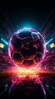 raggiante gli sport scommesse anno Domini un' neon bandiera con un' calcio palla tema verticale mobile sfondo ai generato foto