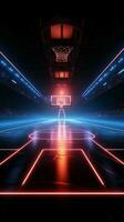 immersiva virtuale sport 3d rendere di un' neon illuminato pallacanestro i campi lato Visualizza verticale mobile sfondo ai generato foto