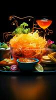 luminoso culinario arte neon leggero trasforma cibo in un incantevole visivo festa verticale mobile sfondo ai generato foto