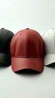 impostato di berretto modello modelli nel bianca, Nero, e rosso, isolato verticale mobile sfondo ai generato foto