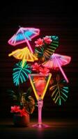 tropicale vibrazioni neon cartello Caratteristiche un' colorato cocktail ornato con un' minuscolo ombrello verticale mobile sfondo ai generato foto