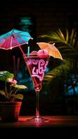 tropicale vibrazioni neon cartello Caratteristiche un' colorato cocktail ornato con un' minuscolo ombrello verticale mobile sfondo ai generato foto