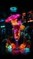 vivido libagioni un' neon cartello attrae con un' tropicale cocktail e ombrello verticale mobile sfondo ai generato foto