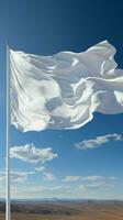 dettagliato avvicinamento di un' bianca bandiera agitando con orgoglio su un' pennone verticale mobile sfondo ai generato foto