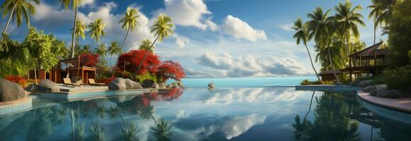 un' tropicale oasi panoramico paesaggio di un' spiaggia ricorrere, piscina, e soleggiato cieli ai generato foto