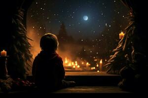 Childs diletto Babbo Natale silhouette vicino un' illuminato dalla luna camino su Natale notte ai generato foto