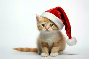 Zenzero gattino nel Santa cappello contro bianca sfondo, incarnando Natale fascino ai generato foto