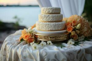 d'oro nozze anelli visualizzato su un' bianca cuscino, con il spose squillare ai generato foto