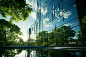 moderno paesaggio urbano vanta un eco amichevole bicchiere ufficio edificio con verde, carbonio riducendo Caratteristiche ai generato foto
