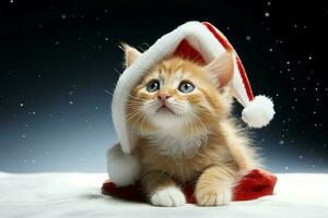 Santa rivestito Zenzero gattino pose su bianca sfondo, radiante vacanza gioia ai generato foto