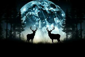 staglia cervo contro il grandezza di un' illuminato dalla luna notte cielo ai generato foto