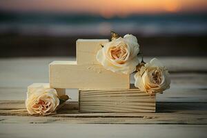 nozze torta prende centro palcoscenico contro un' pittoresco tramonto spiaggia fondale ai generato foto