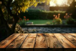 un' legna tavolo servi come un attraente focale punto contro un' sfocato sfondo ai generato foto